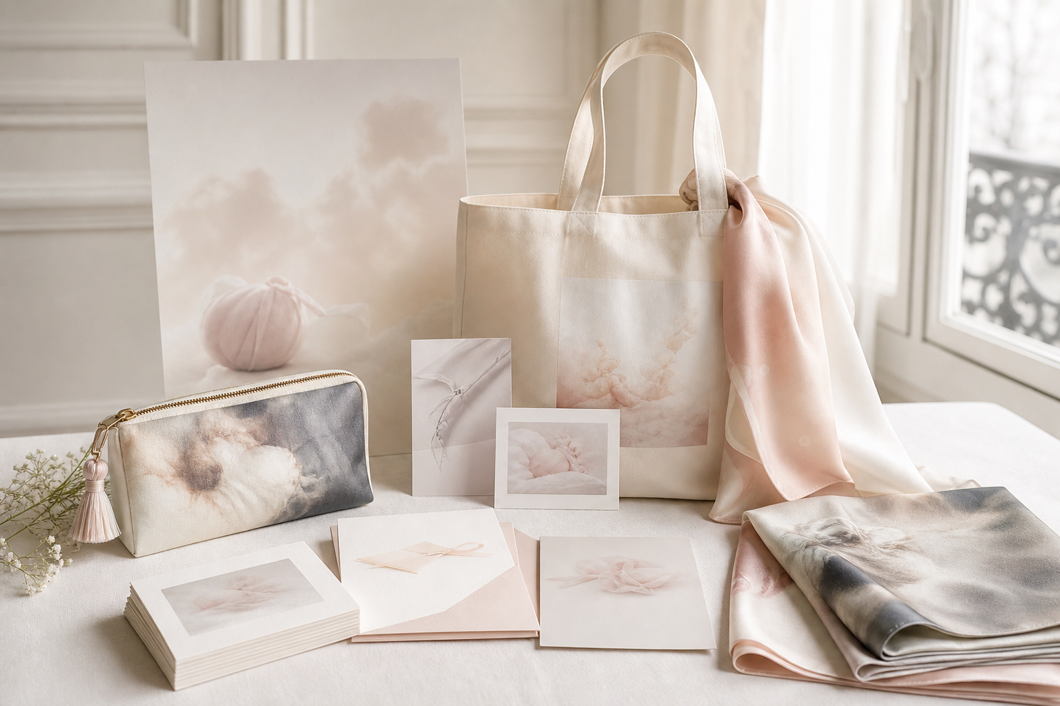 Mockups premium POUPON STAR — papeterie, tote bag, foulard de soie et trousse